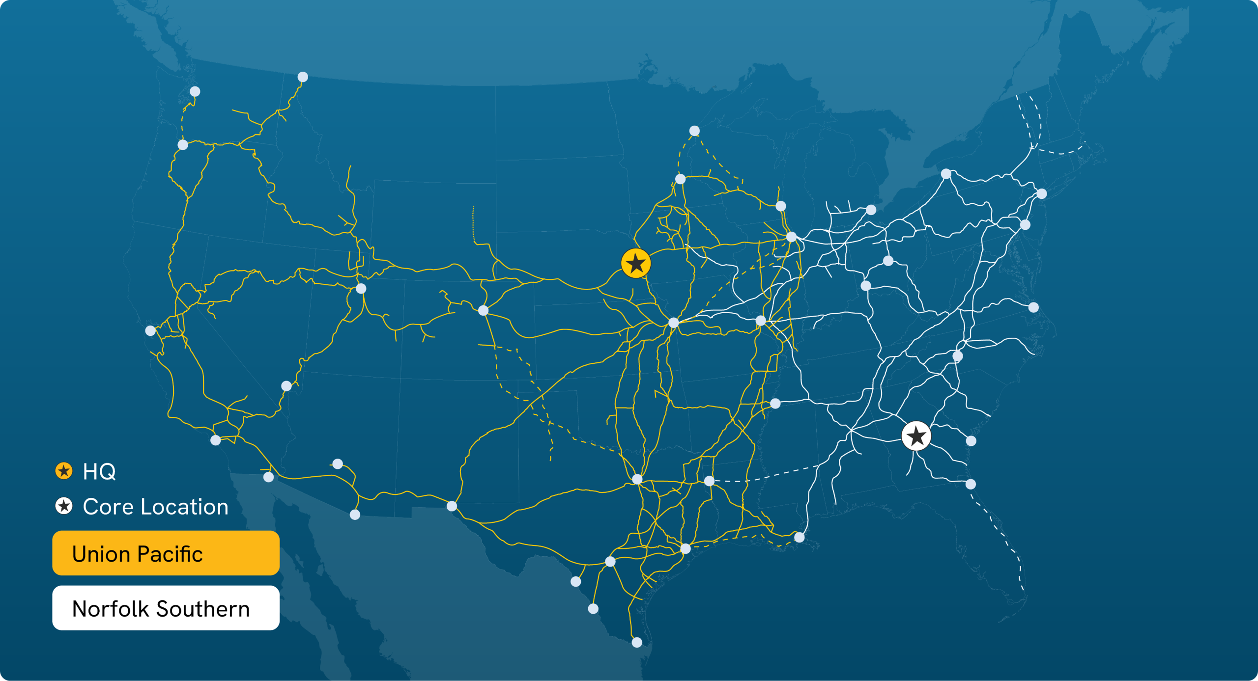 Map of the Union Pacific and Norfolk Southern rail networks
