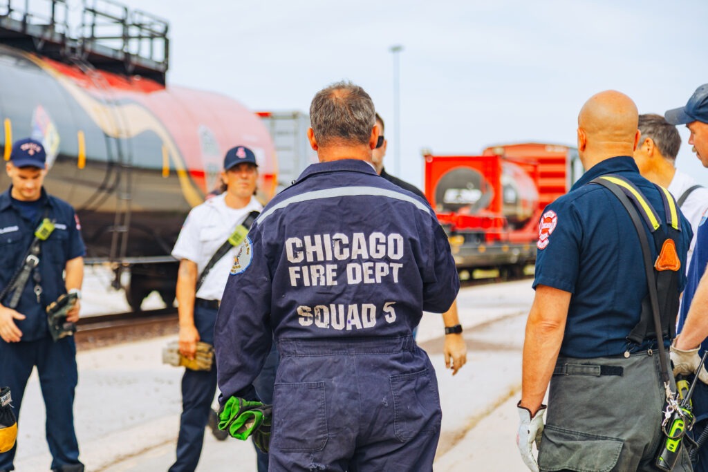 Chicago Fire Department first responders participating in railroad emergency response training
