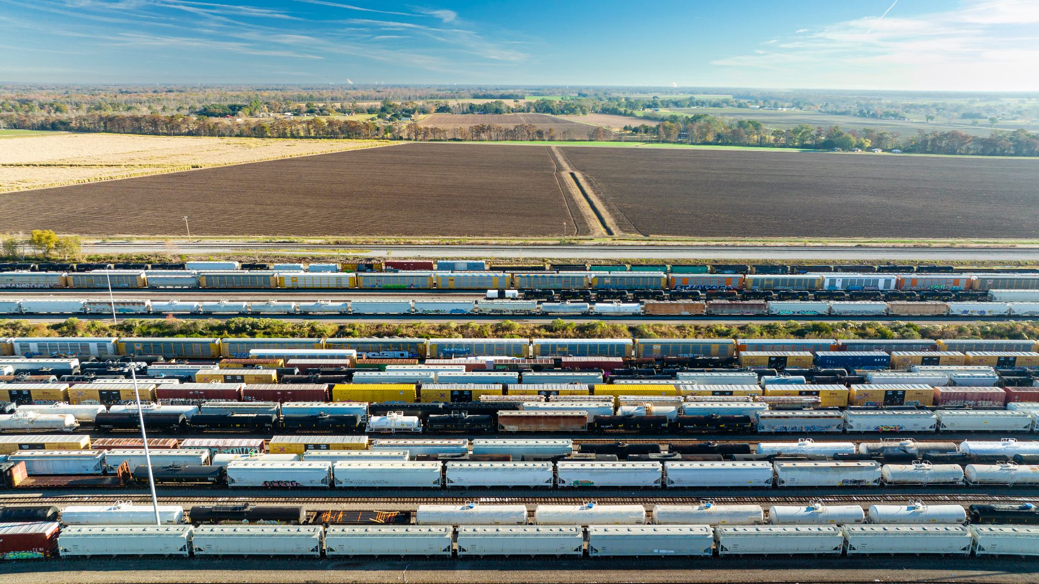 Freight trains lined up in a rail yard beside agricultural fields.