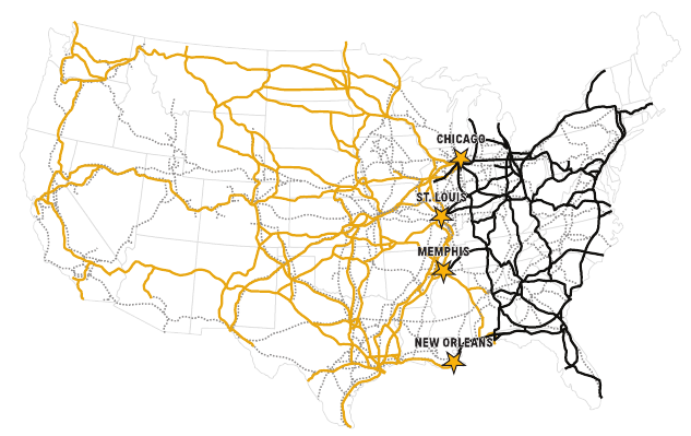 Map from the fact sheet showing Union Pacific’s western network in gold and Norfolk Southern’s eastern network in black, with connections at Chicago, St. Louis, Memphis and New Orleans.